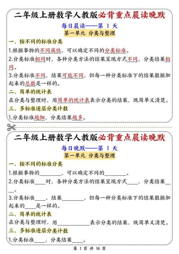 25秋二年级上册人教版数学晨读晚默综合每日一练-宝库盒教辅资料站