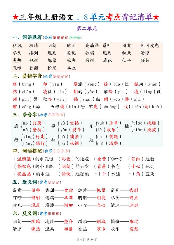 图片[5]-25秋新版三年级上册语文1-8单元重点考点背记清单-宝库盒教辅资料站