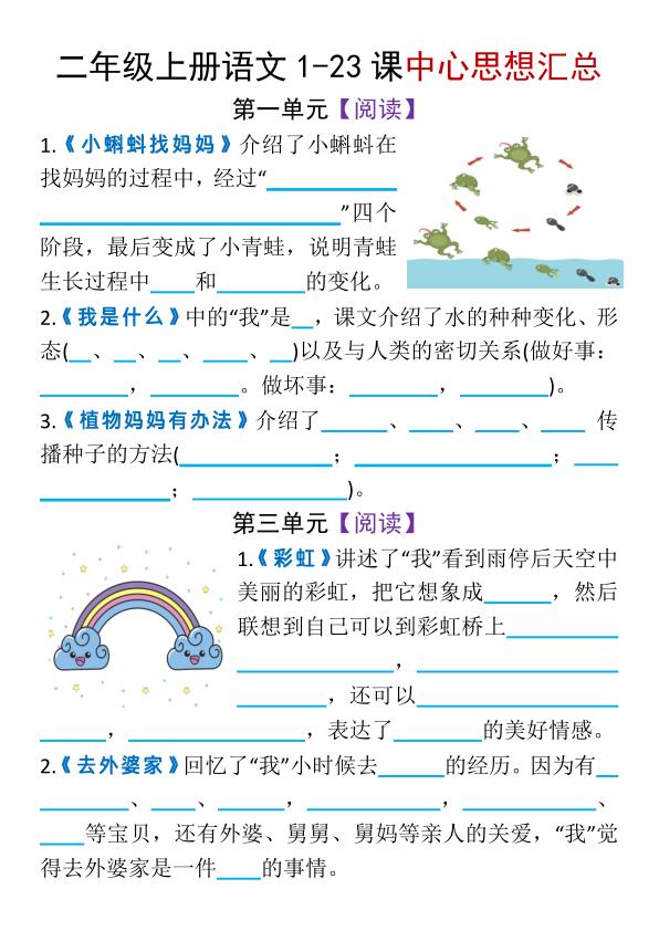 图片[5]-二年级上册语文1-23课中心思想（空白+答案）-宝库盒教辅资料站