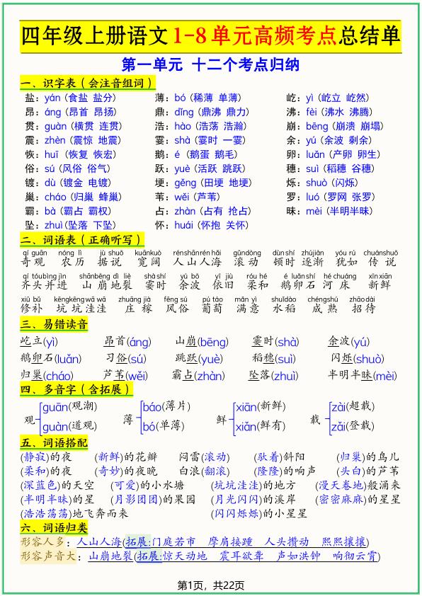 四年级上册语文1-8单元高频考点总结单-宝库盒教辅资料站