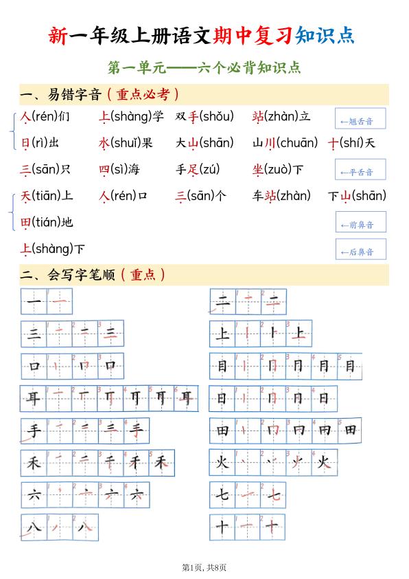 2025年新版一年级上册语文知识点总结（期中高频考点汇总）-宝库盒教辅资料站