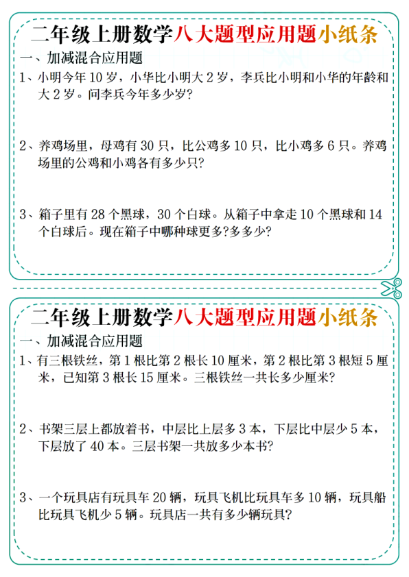 二年级上册数学八大题型应用题小纸条-宝库盒教辅资料站