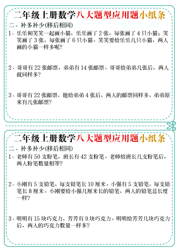 图片[2]-二年级上册数学八大题型应用题小纸条-宝库盒教辅资料站