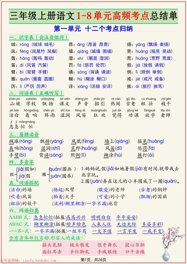 三年级上册语文复习1-8单元高频考点总结单-宝库盒教辅资料站