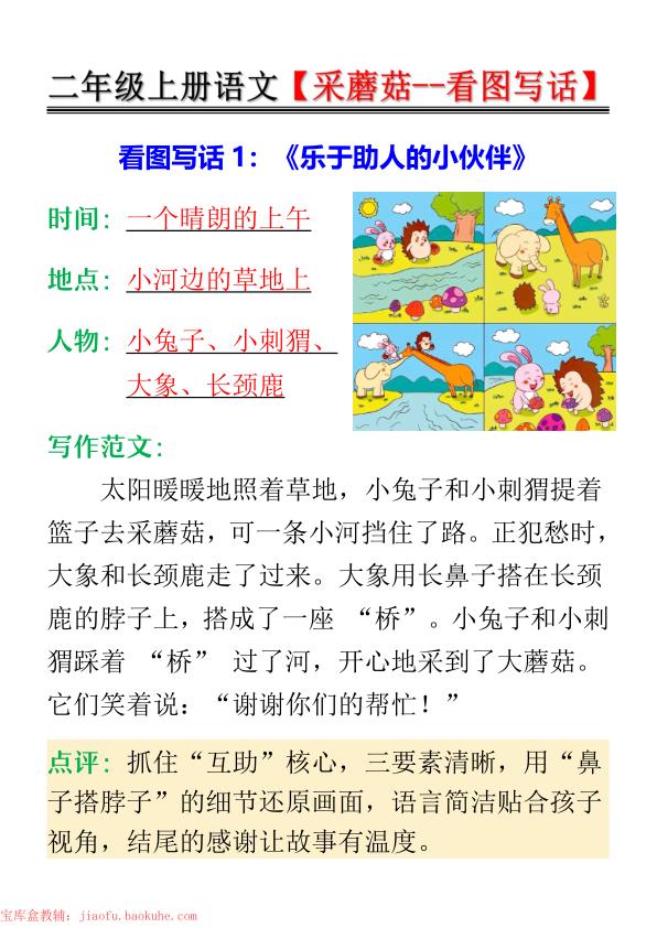 二年级上册语文采蘑菇–看图写话-宝库盒教辅资料站