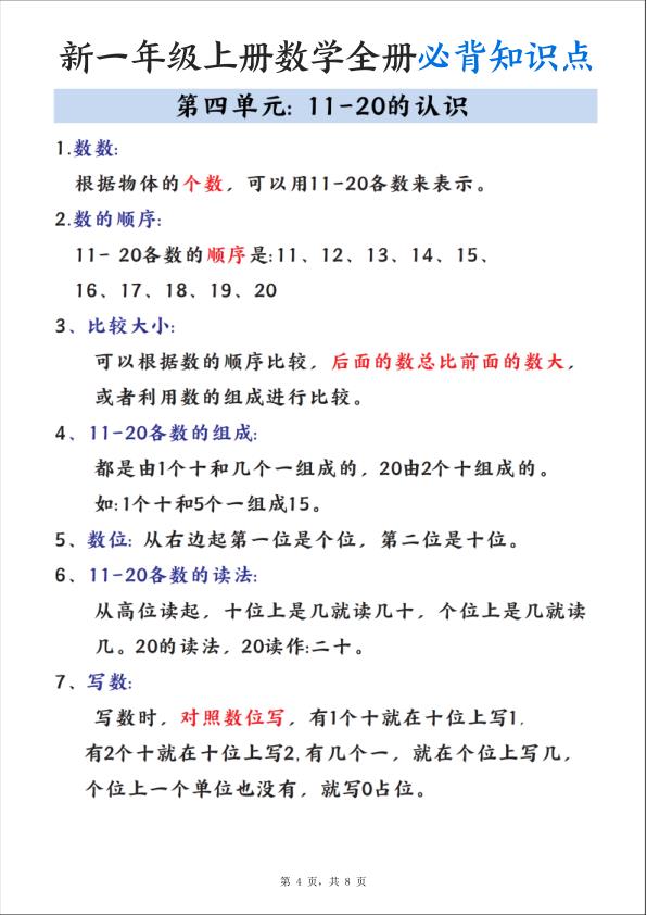 图片[4]-新一年级上册数学全册必背知识点笔记-宝库盒教辅资料站