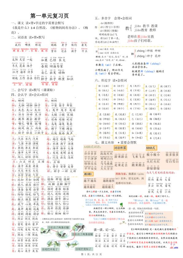 25秋二年级上册语文期末复习1-8单元课本重点内容复习单-宝库盒教辅资料站