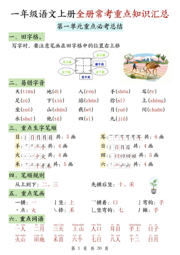 一年级语文上册全册常考重点知识汇总-宝库盒教辅资料站
