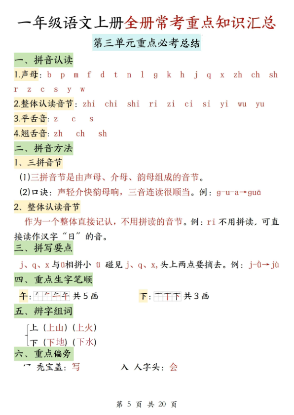 图片[5]-一年级语文上册全册常考重点知识汇总-宝库盒教辅资料站