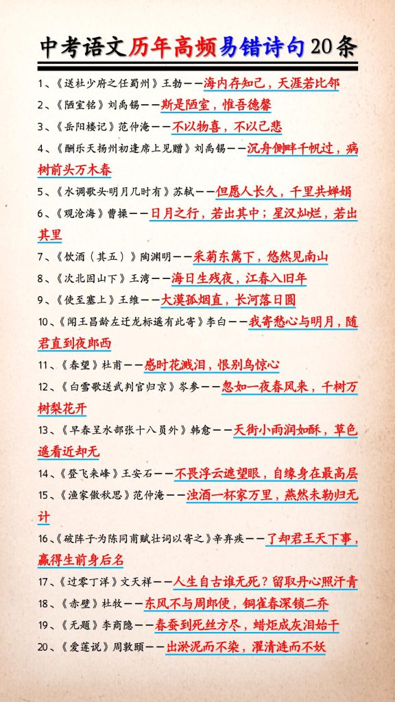 中考语文历年高频易错诗句20条-宝库盒教辅资料站