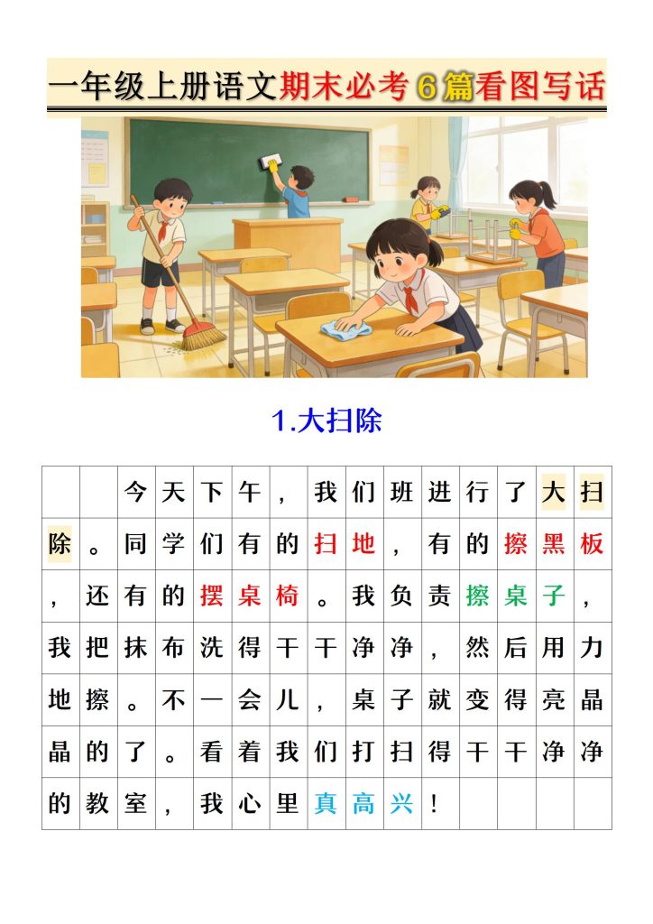 一年级上册语文期末必考6篇看图写话-宝库盒教辅资料站