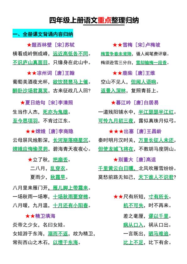 部编版四年级上册语文必背知识点汇总-宝库盒教辅资料站