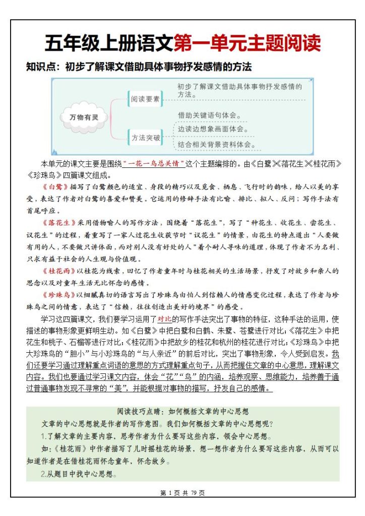 五年级上册语文1-8单元主题阅读理解（含答案79页）-宝库盒教辅资料站