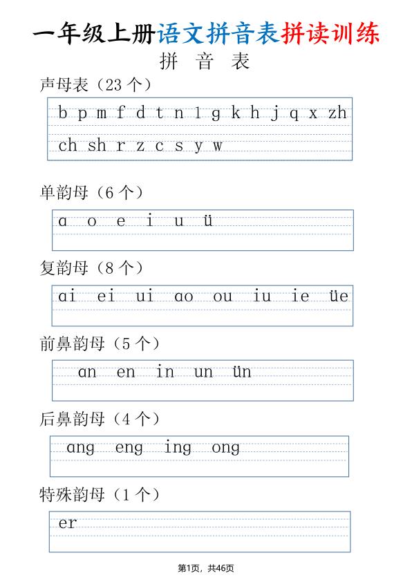 一年级上册语文拼读表拼读训练（全46页）-宝库盒教辅资料站