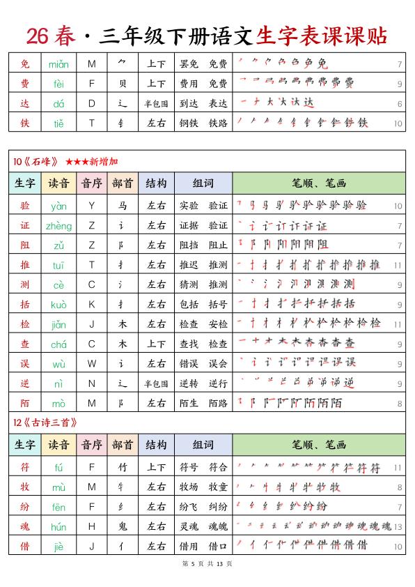 图片[5]-26春新版三年级下册语文生字课课贴-宝库盒教辅资料站