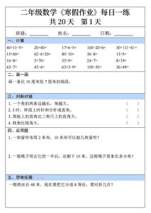 二年级数学寒假作业每日一练共20天-宝库盒教辅资料站
