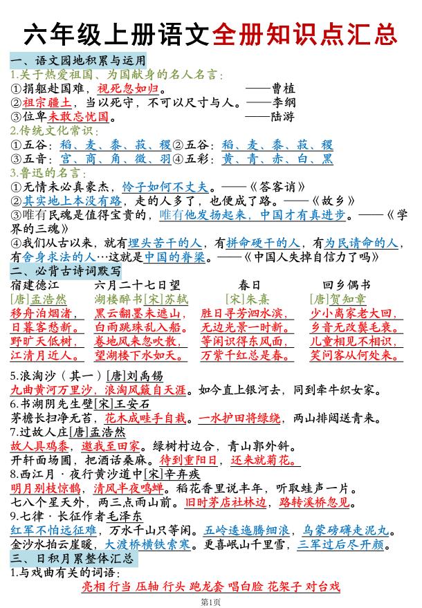 六年级上册语文全册知识点汇总-宝库盒教辅资料站