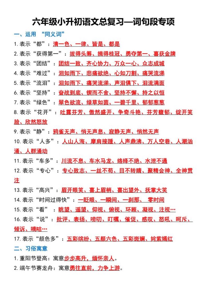 六年级下册语文小升初语文总复习—词句段专项-宝库盒教辅资料站