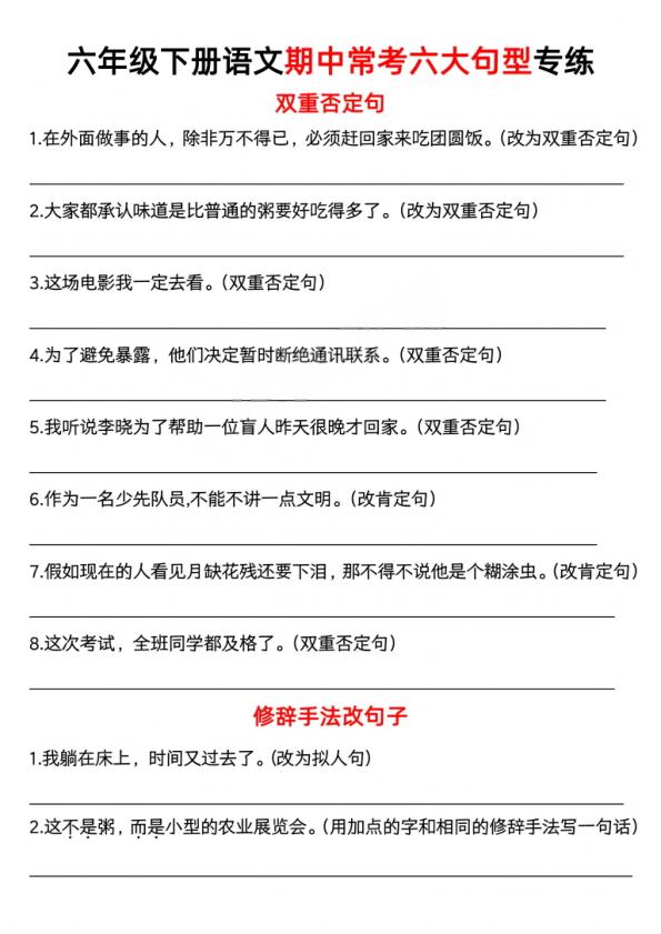 六年级下册语文期中常考六大句型专练-宝库盒教辅资料站