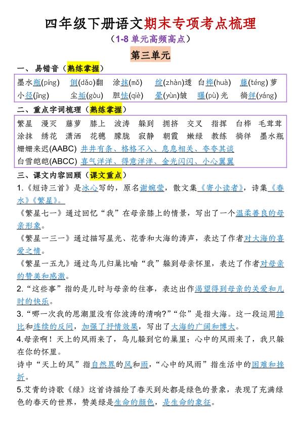 图片[5]-四年级下册语文1至8单元专项考点梳理部编版同步精讲-宝库盒教辅资料站