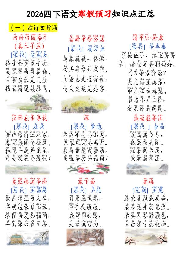 2026春季四年级下册语文寒假预习知识点汇总27页全面梳理助力新学期起步-宝库盒教辅资料站