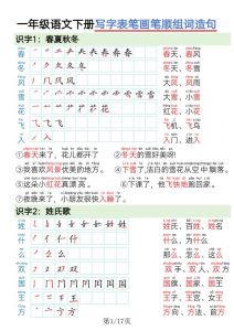 2026春季一年级下册语文写字表笔画笔顺组词造句17页同步训练-宝库盒教辅资料站