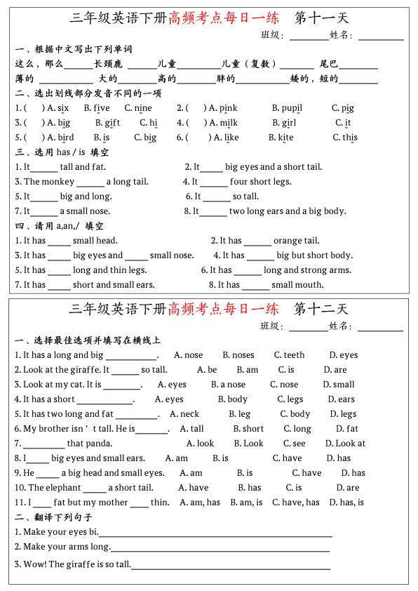 图片[6]-三年级下册英语人教PEP版高频考点每日一练19页高清完整版同步训练-宝库盒教辅资料站