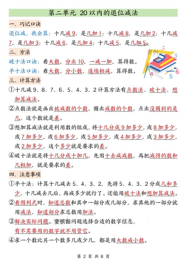 图片[2]-一年级下册数学寒假预习宝典！2026春精编8页知识全梳理，轻松夯实基础-宝库盒教辅资料站