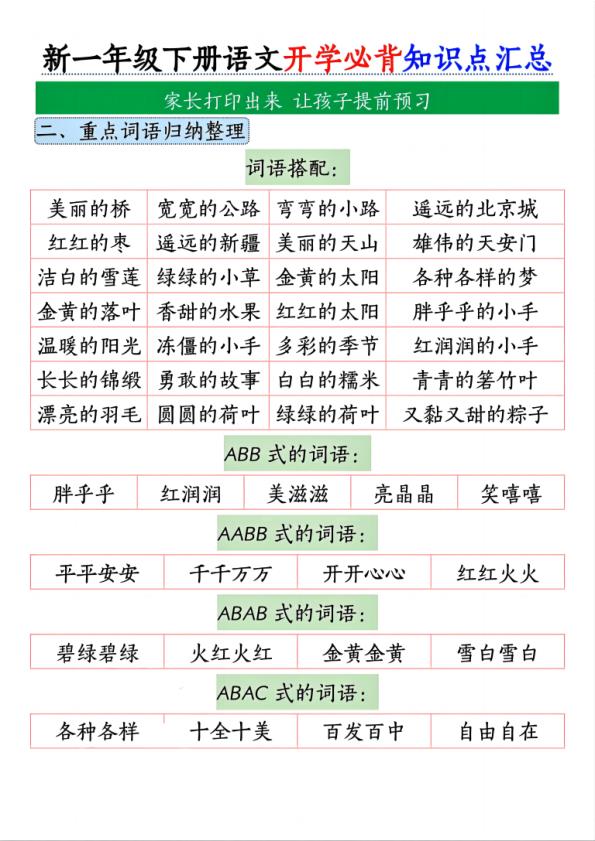 图片[2]-2026春季一年级下册语文开学必背知识点汇总11页完整版同步预习必备-宝库盒教辅资料站