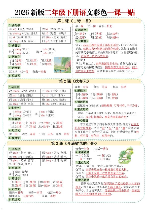 新版二年级下册语文彩色课课贴｜一课一贴同步学习重点清晰掌握-宝库盒教辅资料站