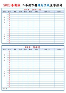 二年级下语文2026春课后三表生字组词专项练习-宝库盒教辅资料站