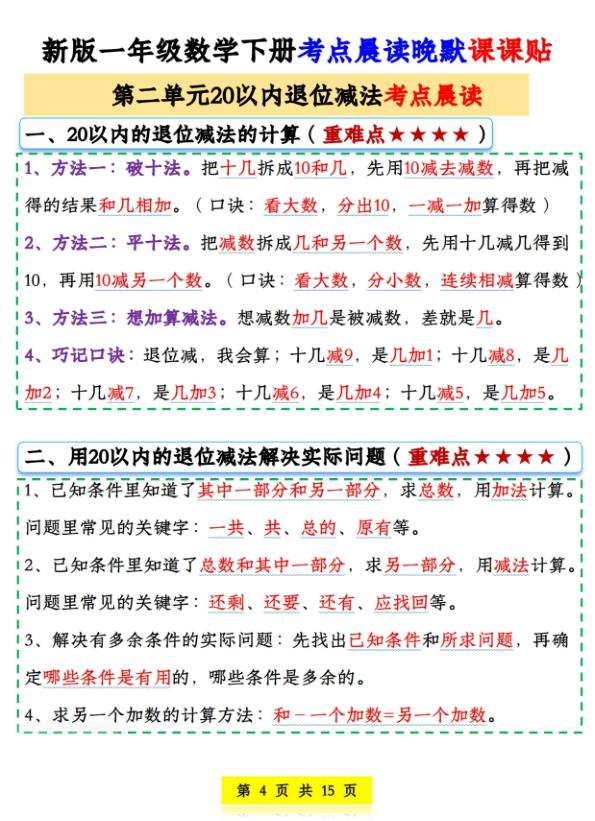 图片[4]-26春一年级下册数学考点晨读晚默课课贴-宝库盒教辅资料站