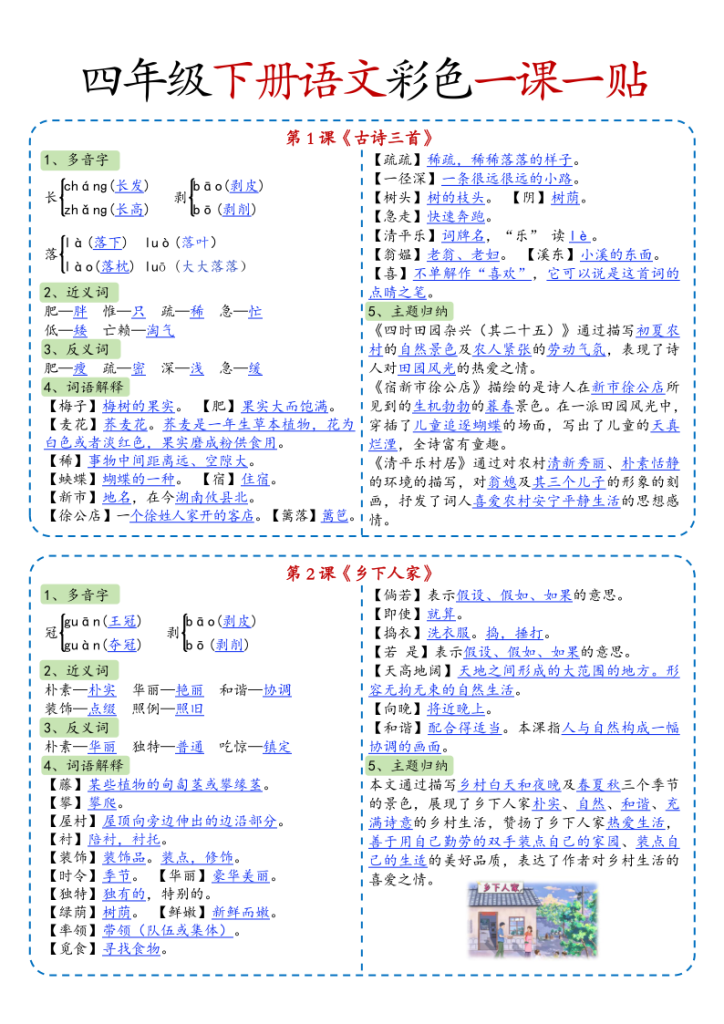 四年级下册语文彩色一课一贴-宝库盒教辅资料站
