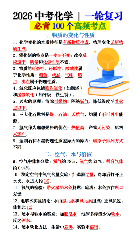2026中考化学一轮复习必背100个高频考点-宝库盒教辅资料站