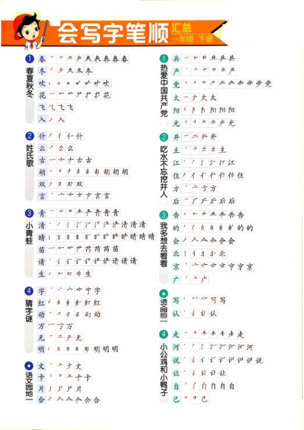 一年级语文下册笔顺+组词知识点汇总-宝库盒教辅资料站