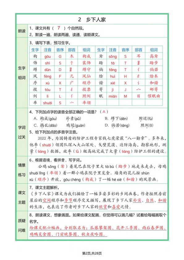 图片[2]-四年级下册语文全册课文预习单(答案版)-宝库盒教辅资料站