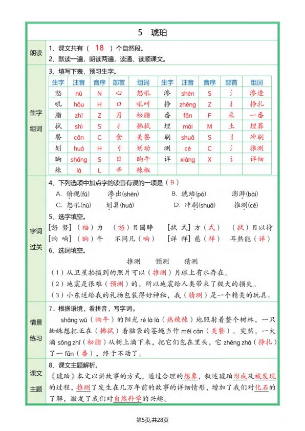 图片[5]-四年级下册语文全册课文预习单(答案版)-宝库盒教辅资料站