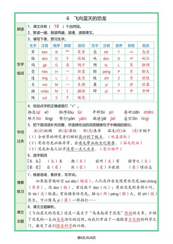 图片[6]-四年级下册语文全册课文预习单(答案版)-宝库盒教辅资料站