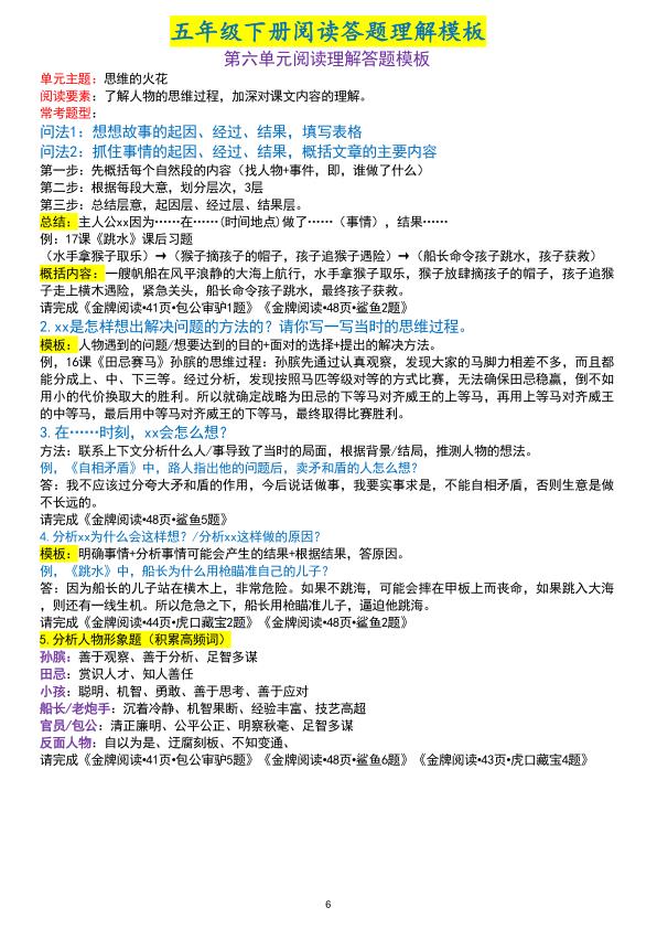 图片[6]-五年级下册语文阅读理解答题模板-宝库盒教辅资料站