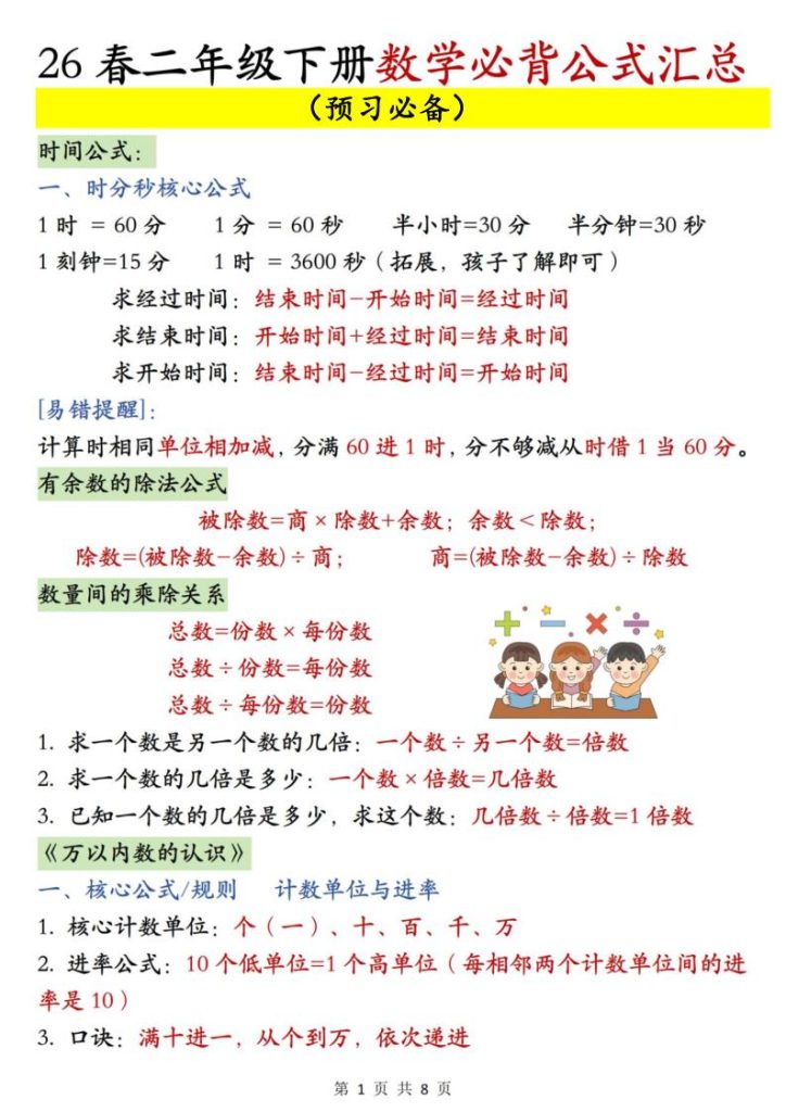 2026春二年级下册数学必背公式汇总-宝库盒教辅资料站