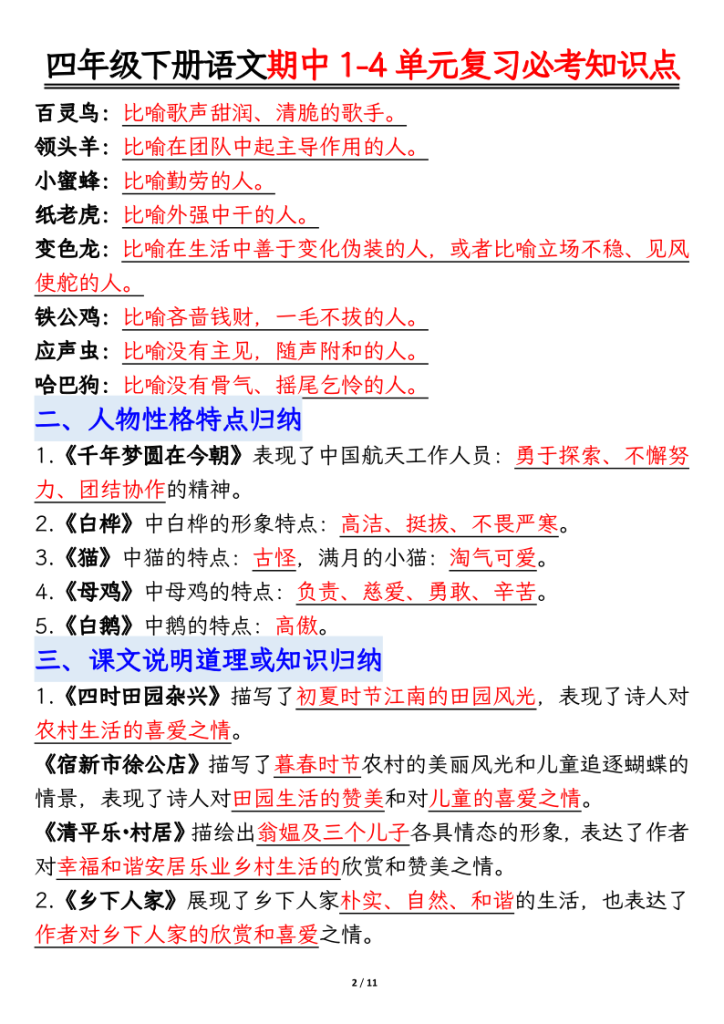 图片[2]-2026春四年级下册语文期中1-4单元复习必考知识点-宝库盒教辅资料站