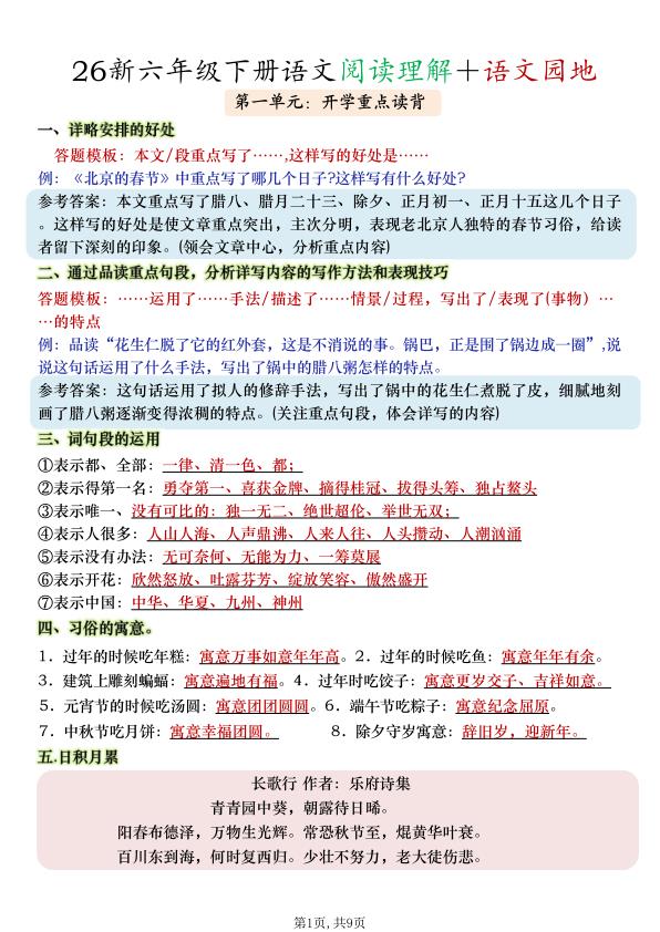 六年级下册语文阅读理解＋语文园地-宝库盒教辅资料站
