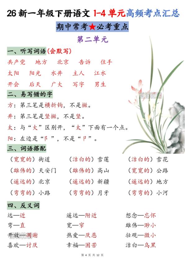 图片[4]-26年新一年级下册语文1-4单元高频考点汇总-宝库盒教辅资料站