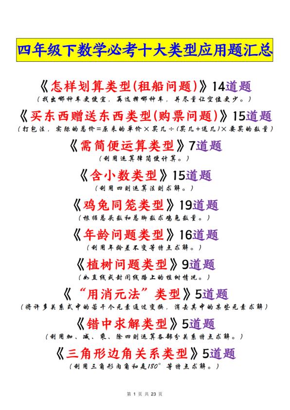 四年级下册数学必考十大类型应用题汇总-宝库盒教辅资料站