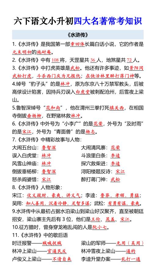 六年级下册语文小升初四大名著常考知识-宝库盒教辅资料站