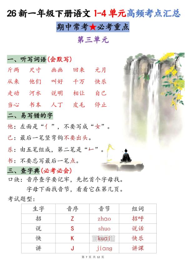 图片[7]-26新一年级下册语文1-4单元高频考点汇总-宝库盒教辅资料站
