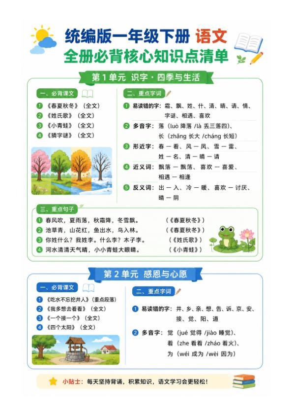 一年级下册语文全册必背核心知识点清单-宝库盒教辅资料站