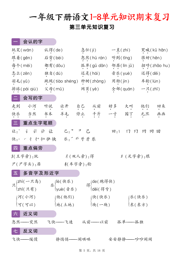 图片[5]-一年级下册语文1-8单元知识期末复习-宝库盒教辅资料站