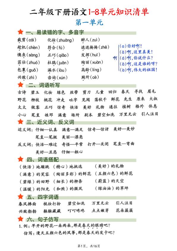 二年级下册语文1-8单元知识清单汇总-宝库盒教辅资料站