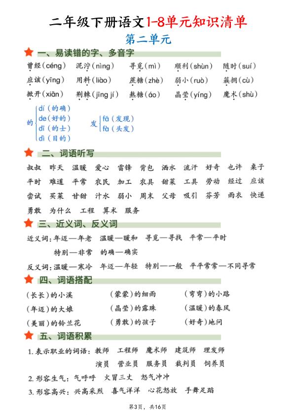 图片[3]-二年级下册语文1-8单元知识清单汇总-宝库盒教辅资料站